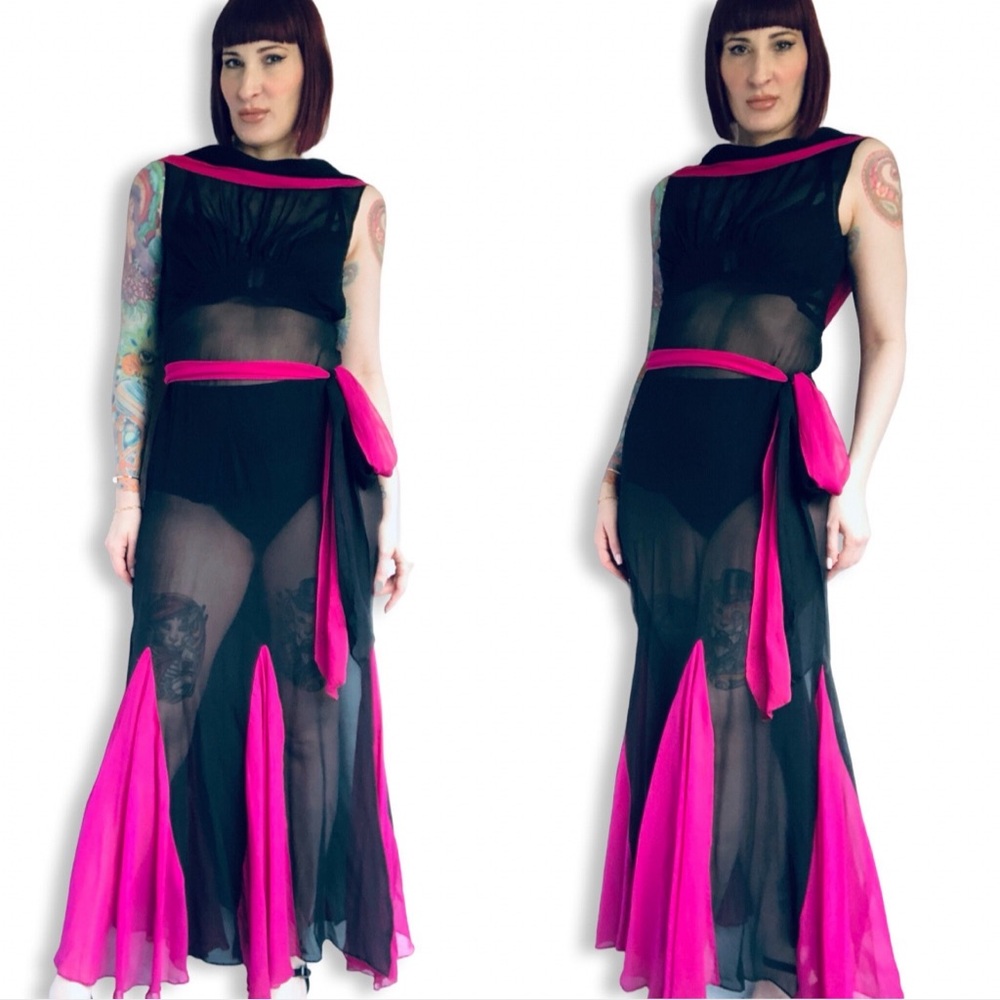 Vintage 1930s Fuchsia Pink Silk & Black Chiffon Deco Seam Mermaid Hem Gown small